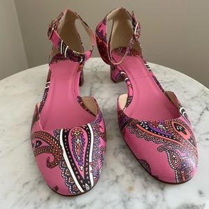 J. Crew Pink Paisley Ankle-Strap Block Heels